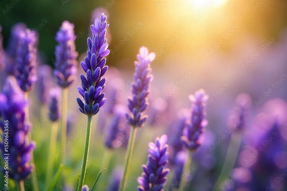 Fototapeta premium Close-up of blooming lavender flowers, bathed in soft sunlight, exuding a calming, mellow aroma Perfect for relaxation and aromatherapy themes , delicate, aroma