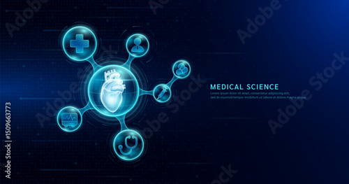 Medical science. Human heart organ inside transparent molecule with icons doctor pill syringe stethoscope and plus sign. On dark blue digital technology background. Vector EPS10.