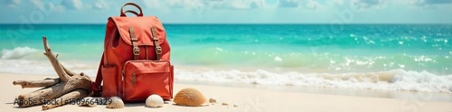 A lone backpack sits on a sun-drenched beach, beside seashells and driftwood, hinting at recent exploration and relaxation during a seaside journey , serenity, driftwood, landscape