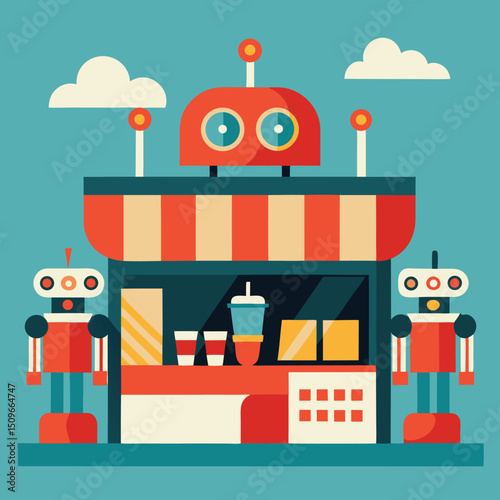 Retro 1950s diner illustration with robots and ai