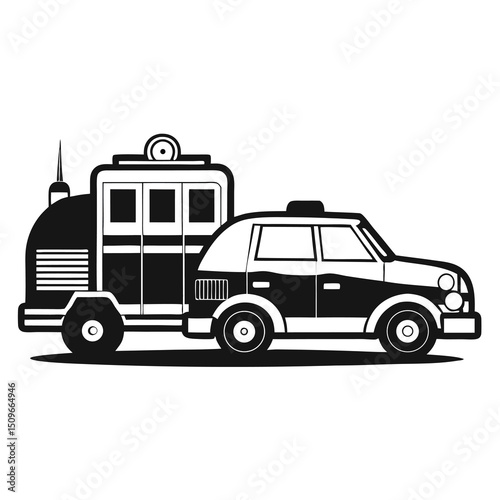 Black and white sketch of fire truck and police car