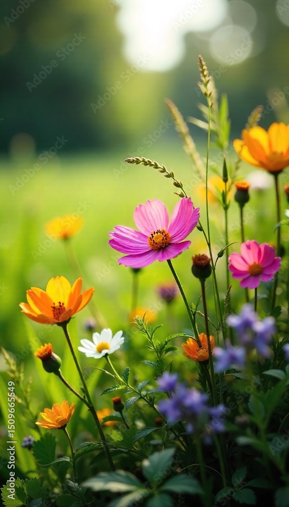 Obraz premium A vibrant bouquet of wildflowers in a lush meadow, bathed in soft sunlight Delicate petals, bright colors, and natural beauty showcased in this stunning springtime scene , ecology, landscape, blossom