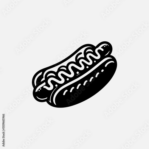 An iconic black and white illustration vector logo of a hot dog with appealing condiments