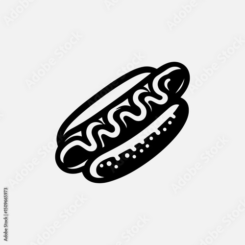 An iconic black and white illustration vector logo of a hot dog with appealing condiments