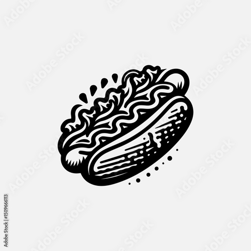 An iconic black and white illustration vector logo of a hot dog with appealing condiments