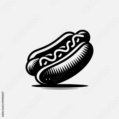A classic black and white illustration vector logo of a hot dog with tasty condiments