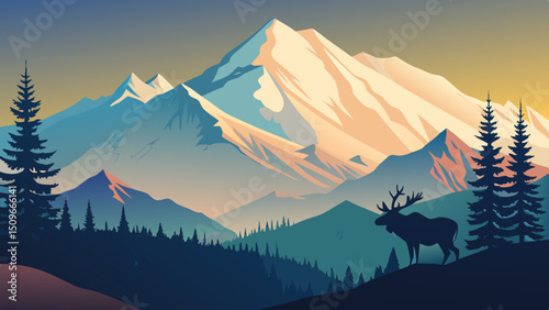 Mount Denali Vector Illustration with Snow Capped Peaks and Moose