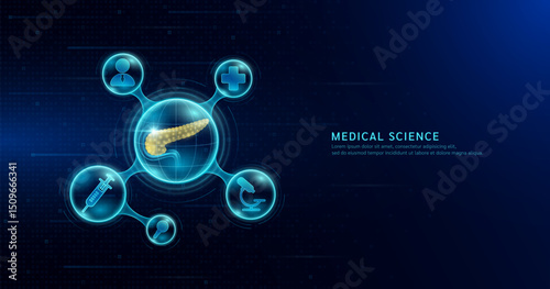 Medical science. Human pancreas organ inside transparent molecule with icons doctor pill syringe magnifying glass and cross. On dark blue digital technology background. Vector EPS10.