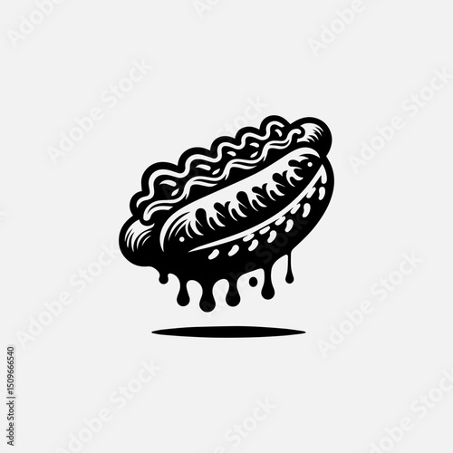 A savory black and white illustration vector logo of a hot dog with appetizing condiments