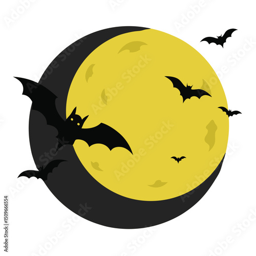 Full moon background with flying bats on white