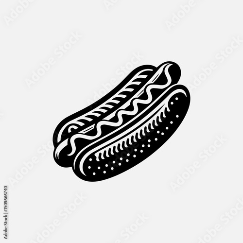 A savory black and white illustration vector logo of a hot dog with appetizing condiments