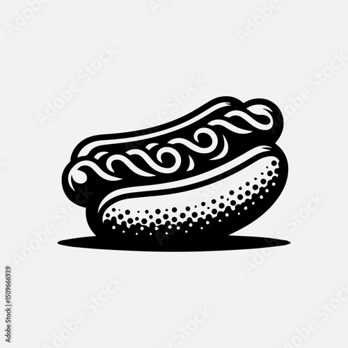 A delicious black and white illustration vector logo of a hot dog with perfect condiments