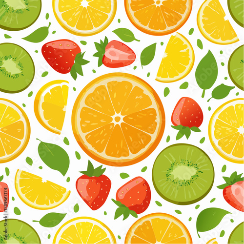 A juicy and colorful fruit pattern featuring sliced and whole fruits—perfect for summer-themed packaging or decor.