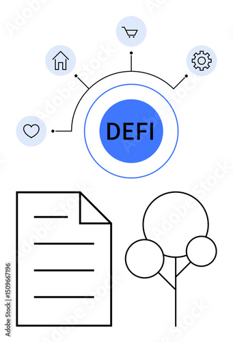 Circular DEFI concept hub with icons for home, shopping, settings, and health. Document and tree below showcase finance, innovation, sustainability, decision-making, technology integration community
