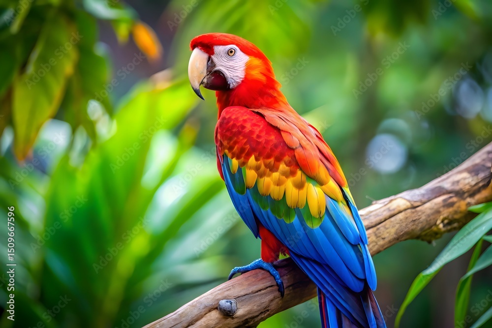 Obraz premium Vibrant scarlet macaw perched on branch in lush rainforest