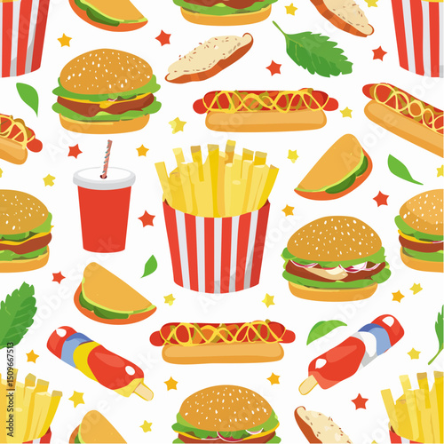 A fun fast-food pattern full of comfort food icons, great for menus, packaging, and digital content.