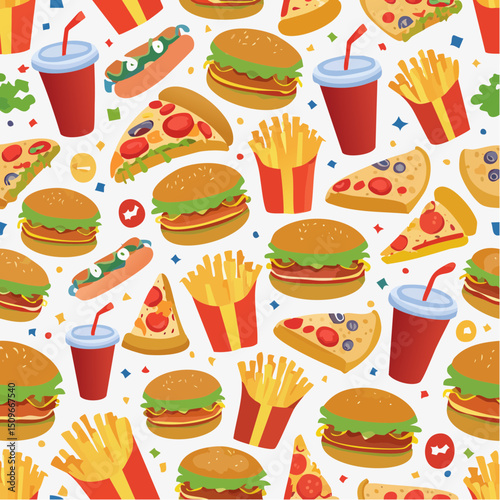 A fun fast-food pattern full of comfort food icons, great for menus, packaging, and digital content.