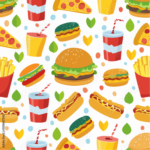 A fun fast-food pattern full of comfort food icons, great for menus, packaging, and digital content.