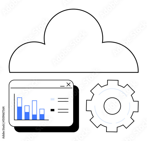 Cloud above analytics dashboard with graphs and gear symbolizing data management, customization, and optimization. Ideal for technology, data storage, analytics, software, cloud computing