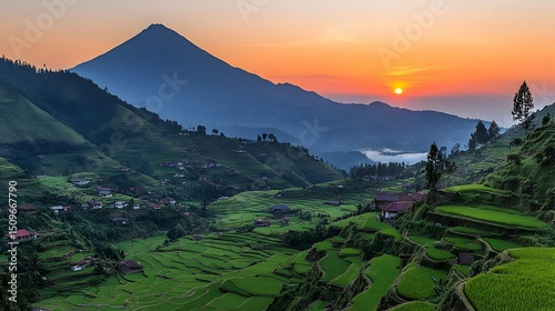 Wallpaper Mural Scenic Mountain Valley at Sunset with Green Fields and Orange Sky Countryside Vista Torontodigital.ca