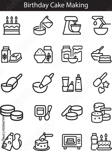 Birthday Cake Making Icons Set – Baking, Mixing, Decorating, Tools & Ingredients