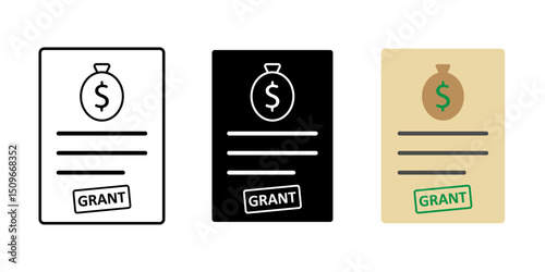 Government grant application icon in outline, dark mode, and color styles, vector illustration of official form used to request funding from public sector programs.