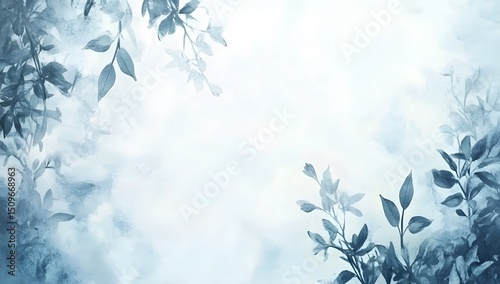 Watercolor blue floral border with white background, light green leaves, and purple flowers.