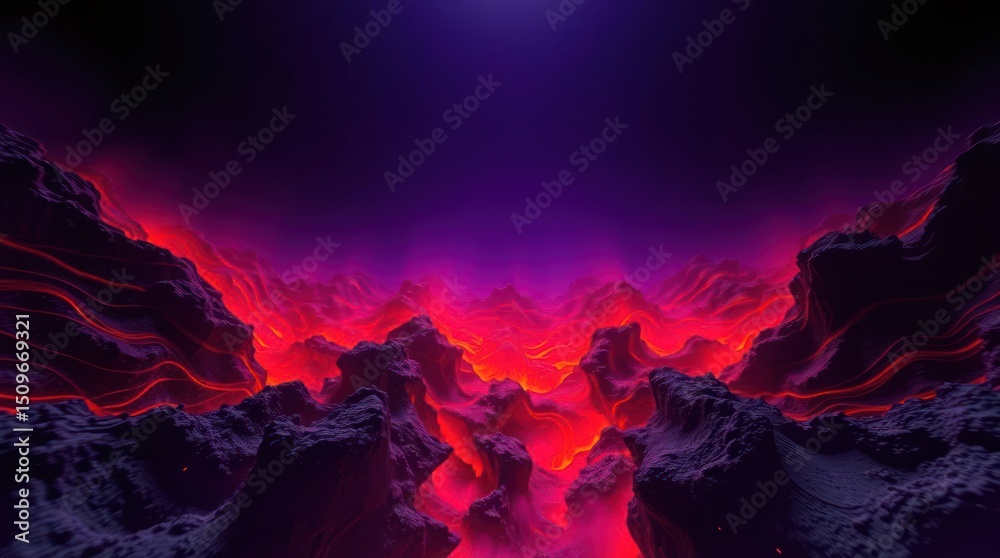 Fototapeta premium Fiery volcanic landscape background with glowing red and purple lava