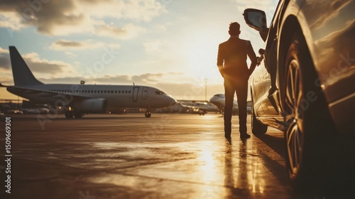 A man in a suit stands by a car on an airfield tarmac