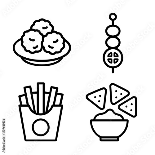 Minimalist Outline Style Appetizer Icon Set with Fries, Skewer, Nachos, and Balls