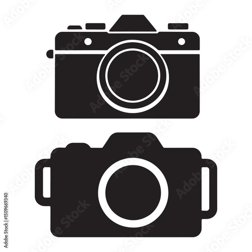 black and white silhouette of vintage cameras in retro style showing front view photography icon design for technology communication or media related projects