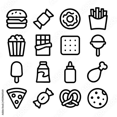 Black Lineart Various Fast Food and Snack Item Outline Icon Collection