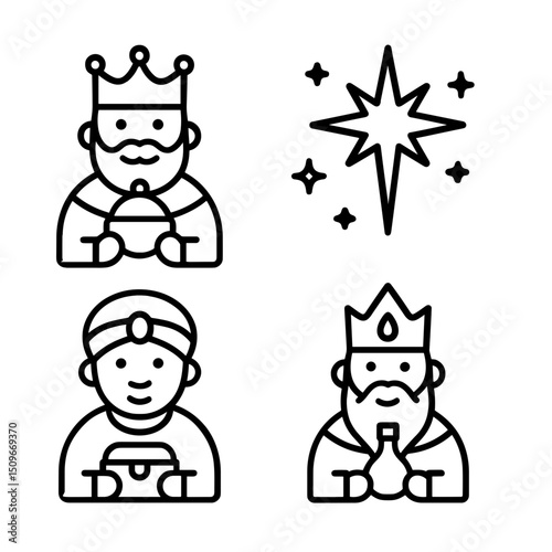 Simple Outline Three Wise Men and Star Scene Line Art Icon