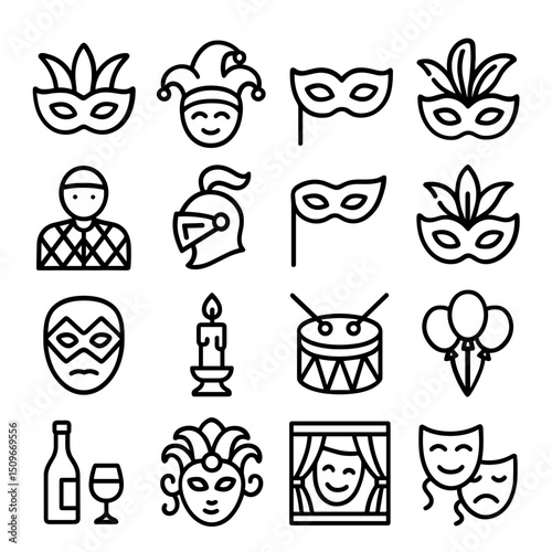 Simple Outline Decoration Carnival Costume Party Element Icon Design Set