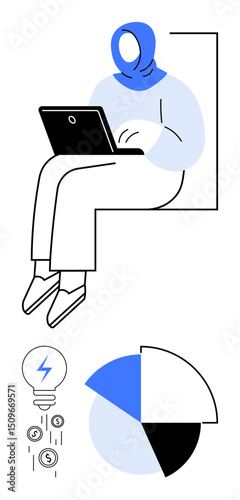 Woman sitting with laptop, lightbulb with electric bolt representing energy, pie chart conveying analysis, productivity, finance, or creativity. Ideal for remote work, innovation, business growth