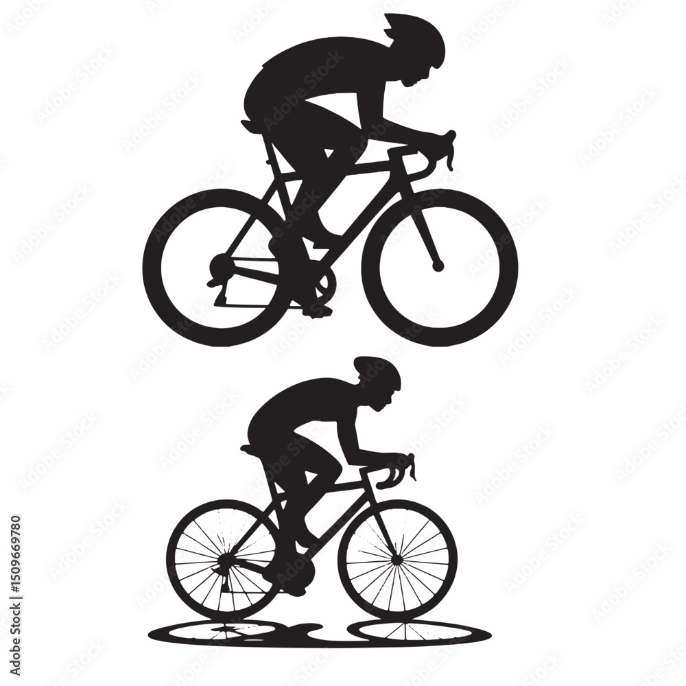 Naklejka premium black and white cyclist silhouette icons showing professional athletes riding racing bicycles with dynamic motion representing sports fitness and outdoor activity
