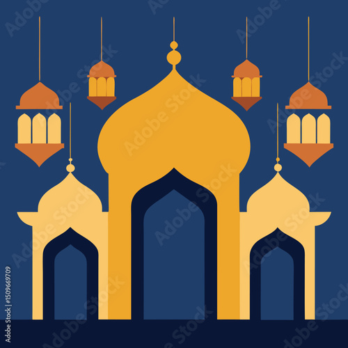 Islamic mosque design with hanging lanterns