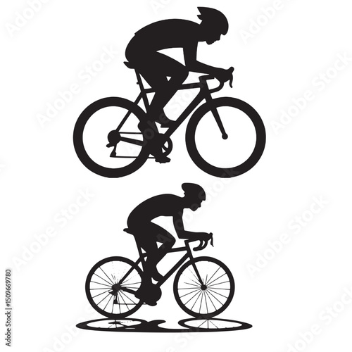 black and white cyclist silhouette icons showing professional athletes riding racing bicycles with dynamic motion representing sports fitness and outdoor activity
