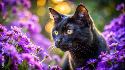 A regal black feline, eyes gleaming like golden embers, sits amidst a vibrant profusion of purple blossoms, bathed in the soft glow of sunlight, creating a serene and captivating scene.