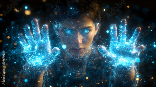 Woman with glowing eyes and hands emanating bright blue and gold energy particles against a dark background