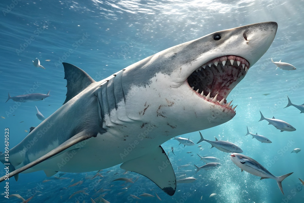 Fototapeta premium Great white shark underwater with school of fish