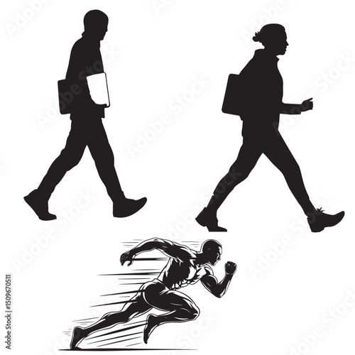 black silhouette of walking and running people in different motions showing human movement activity fitness lifestyle and commuting in urban environment design