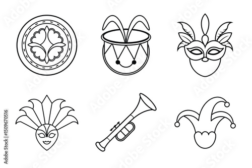 Black and White Carnival Masks and Musical Instruments Line Art Set