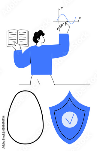 Man holding open book, drawing a graph on a whiteboard shield with check-mark symbol abstract egg-shaped design. Ideal for education, analytics, strategy, learning, security, science, simple landing