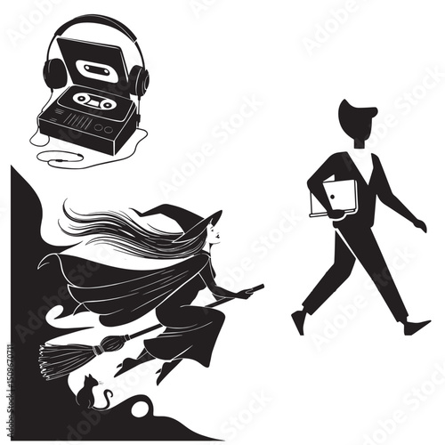 silhouette of woman walking with bag and headphones music and fantasy theme showing independence commuting and abstract imagination in black and white