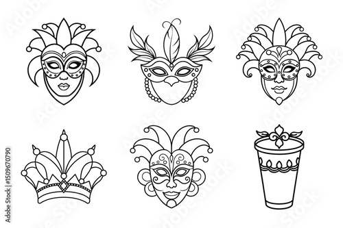 Black and White Carnival Masks and Musical Instruments Line Art Set