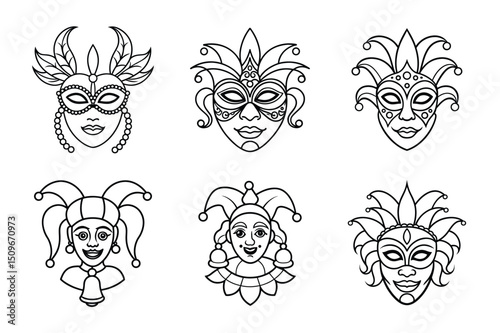 Black and White Carnival Masks and Musical Instruments Line Art Set