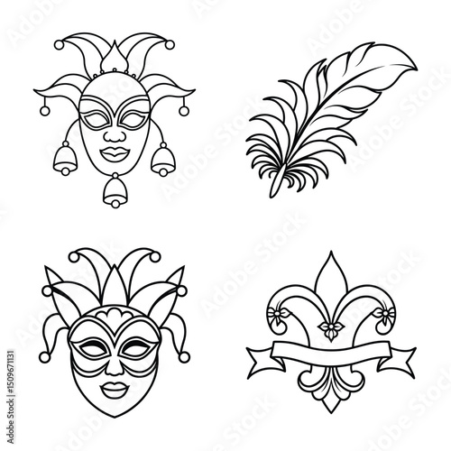 Black and White Carnival Masks and Musical Instruments Line Art Set