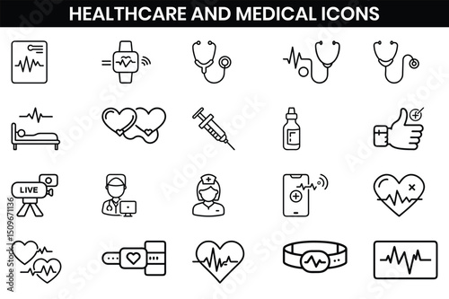 Healthcare and Medical Icons, Stethoscope, heart rate, vaccine, telemedicine, Outline 