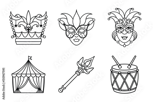 Black and White Carnival Masks and Musical Instruments Line Art Set